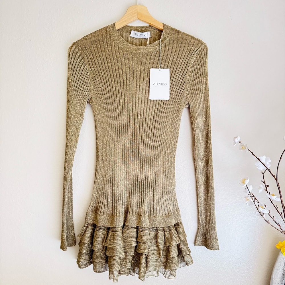 Valentino Gold metallic Ribbed Knit mini Dress with ruffles
